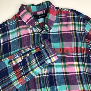 Ralph Lauren Shirt Men's Medium Plaid Blue Pink Green Pony Button Down Linen